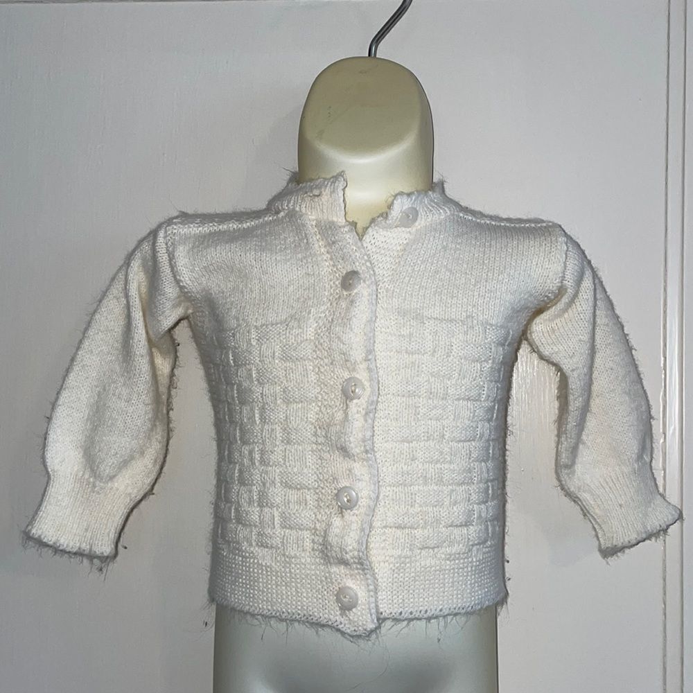Vtg 60s Hi-Bulk‎ Turbo cream colored infant/baby cardigan sweater